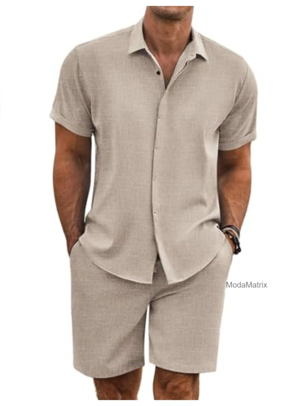 Men's Linen Texture 2 Piece Short Sleeve Shirt and Shorts Vacation Set,